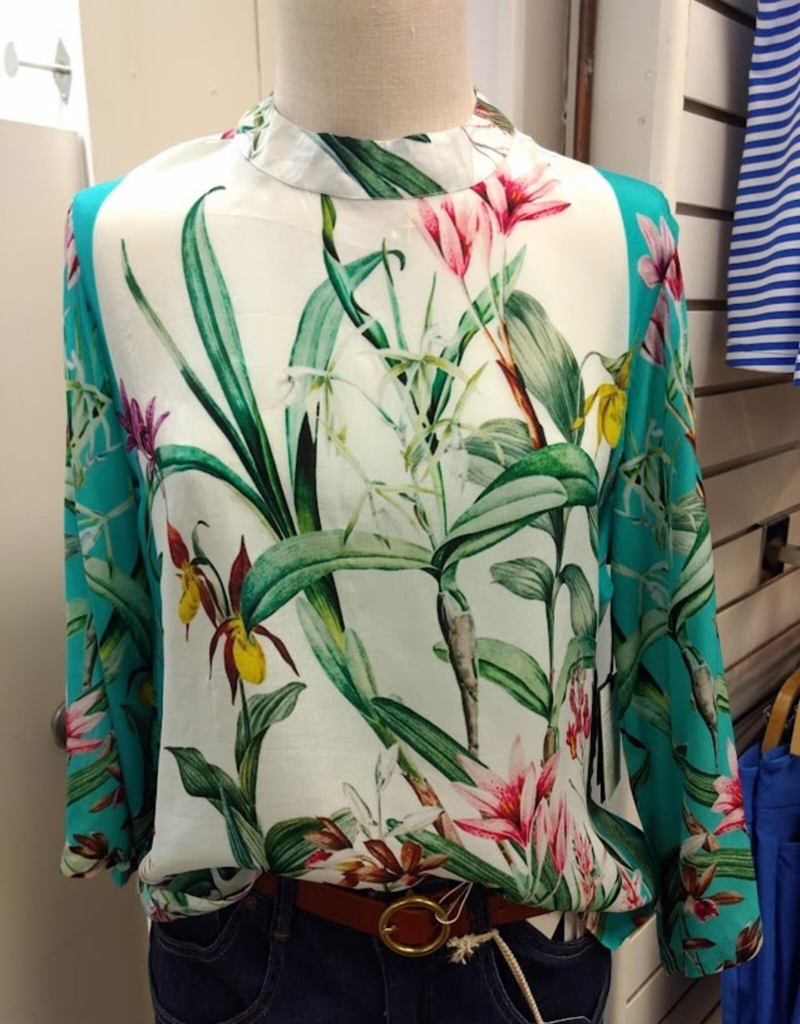 APNY APNY Turquoise Multi Print Banded Collar Bell Sleeve Top