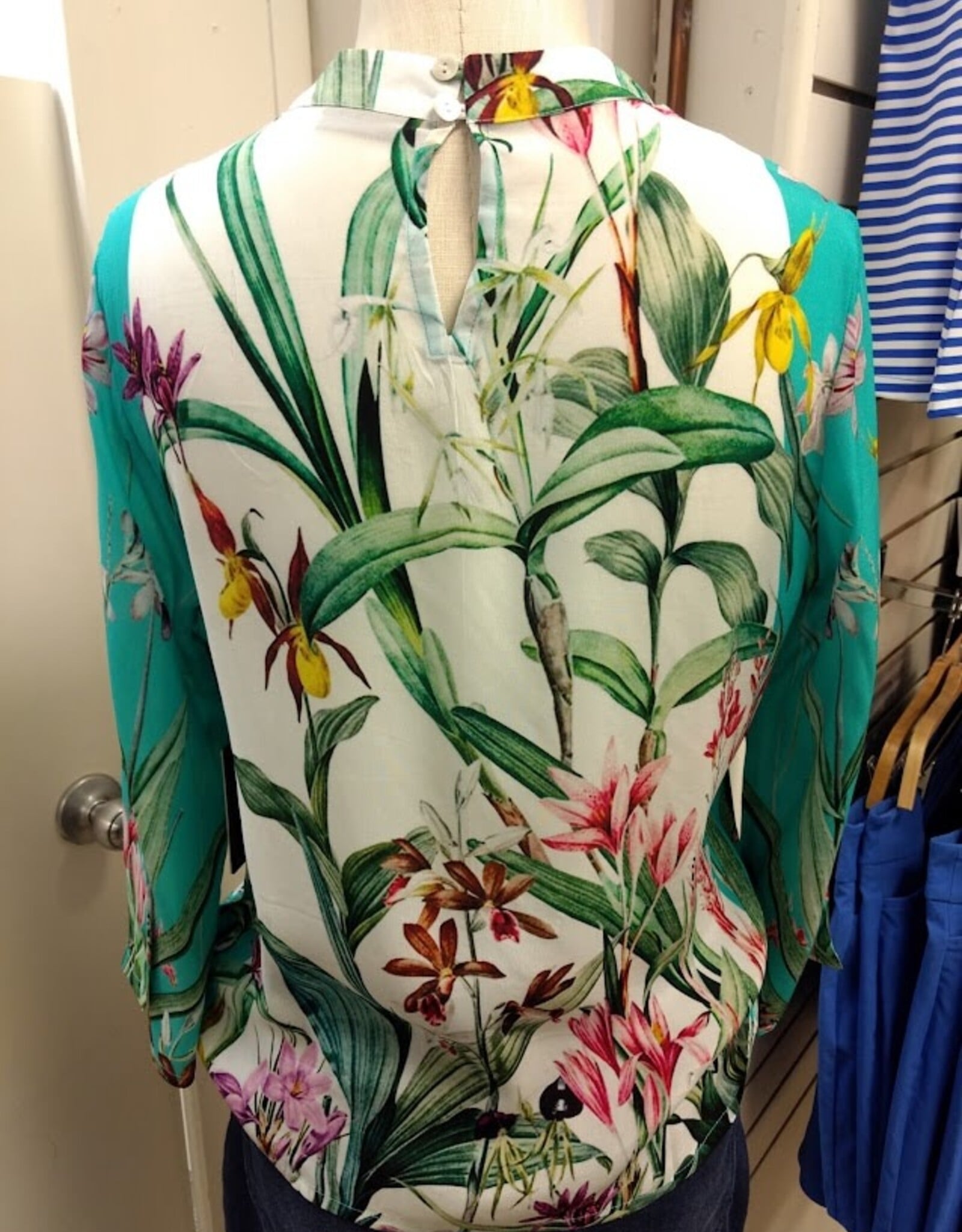 APNY APNY Turquoise Multi Print Banded Collar Bell Sleeve Top