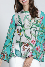 APNY APNY Turquoise Multi Print Banded Collar Bell Sleeve Top