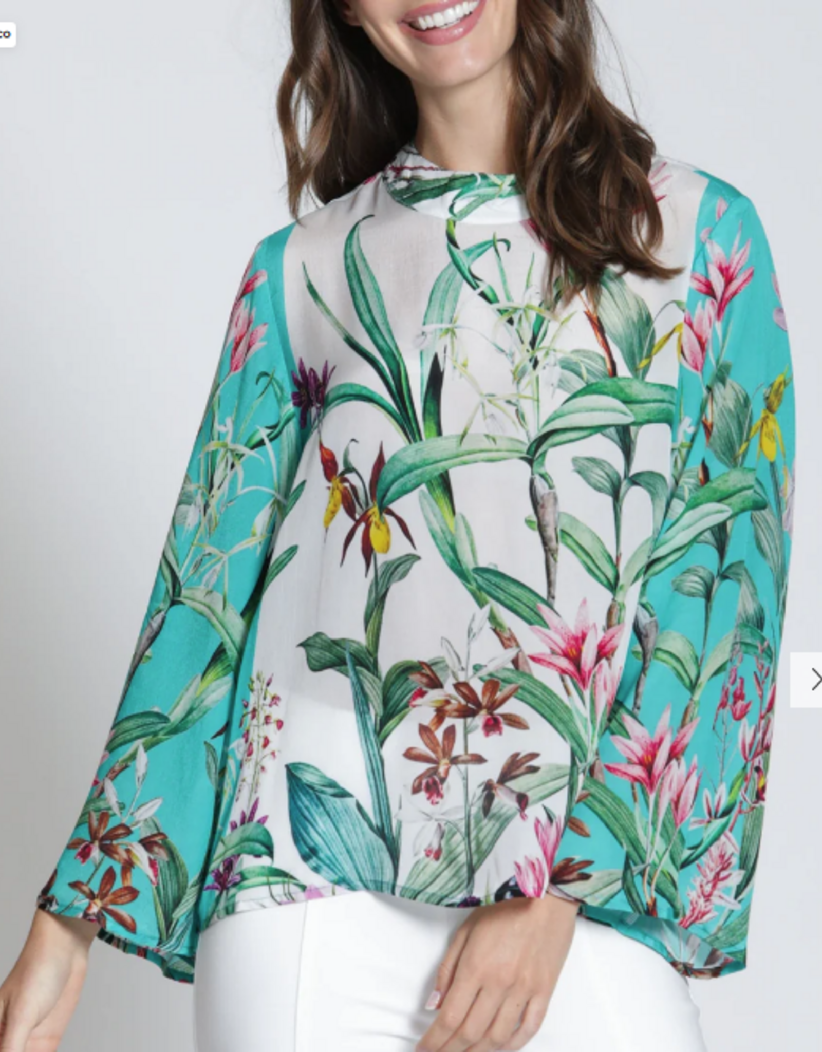 APNY APNY Turquoise Multi Print Banded Collar Bell Sleeve Top
