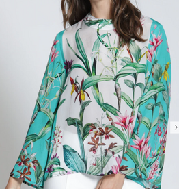 APNY APNY Turquoise Multi Print Banded Collar Bell Sleeve Top