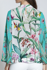 APNY APNY Turquoise Multi Print Banded Collar Bell Sleeve Top