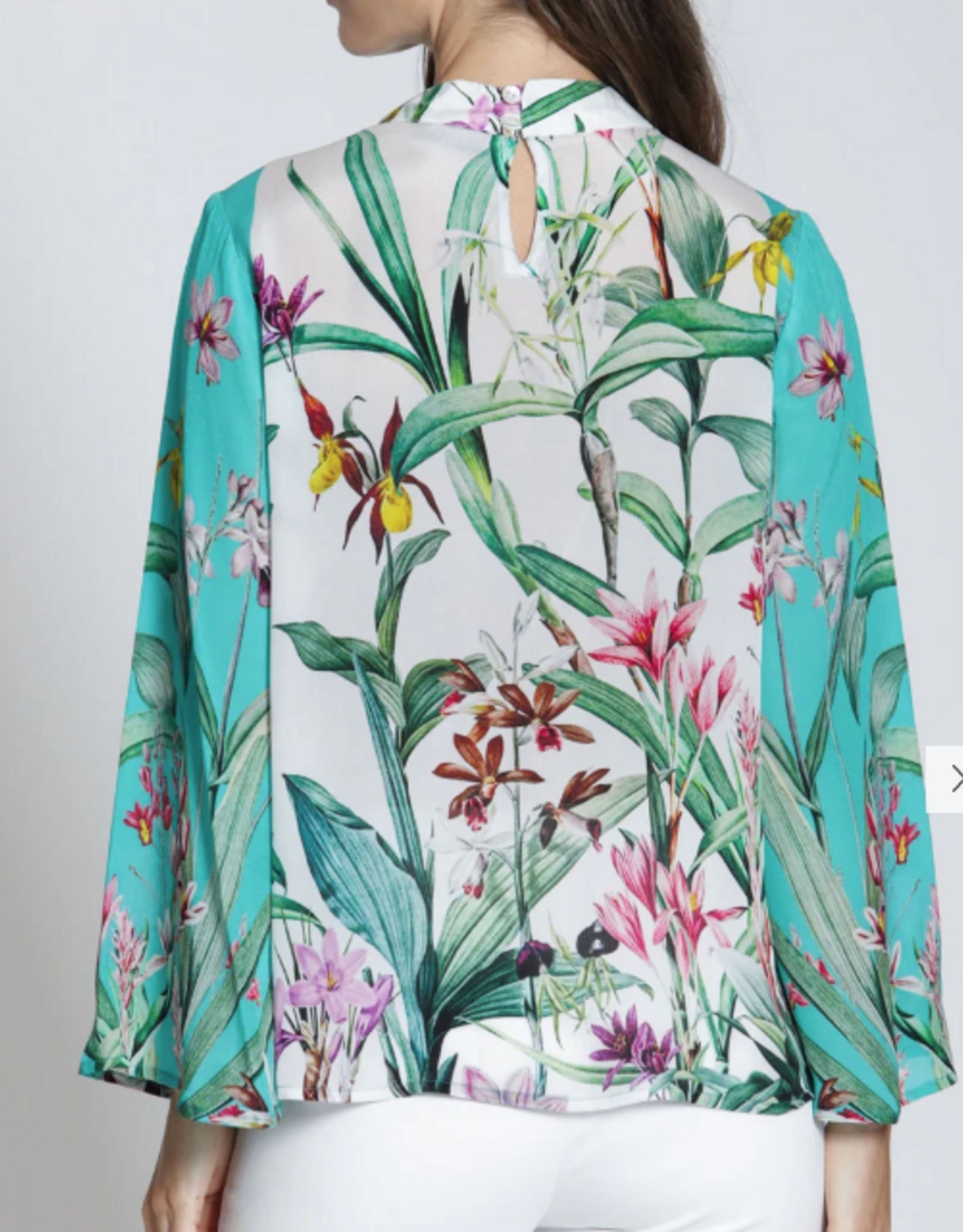 APNY APNY Turquoise Multi Print Banded Collar Bell Sleeve Top