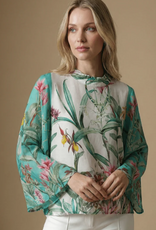 APNY APNY Turquoise Multi Print Banded Collar Bell Sleeve Top