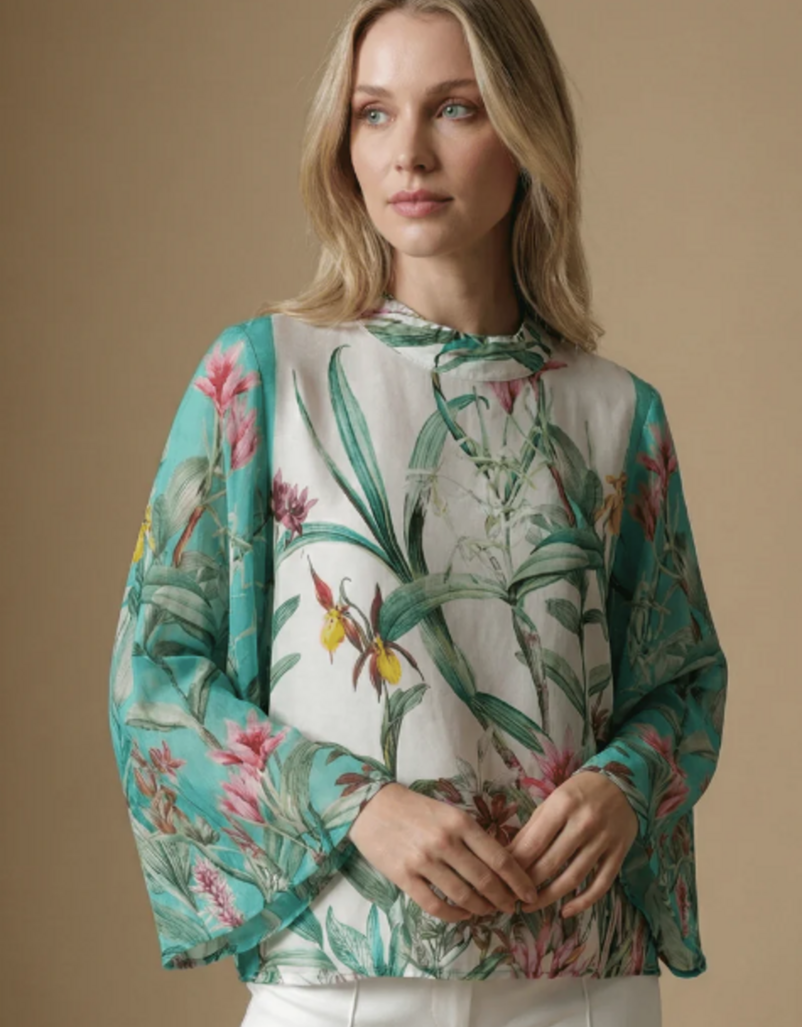 APNY APNY Turquoise Multi Print Banded Collar Bell Sleeve Top