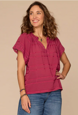 Democracy Democracy BP9587UV3E Beet Red Petite Split Neck S/S Ruffled Embroidered Top