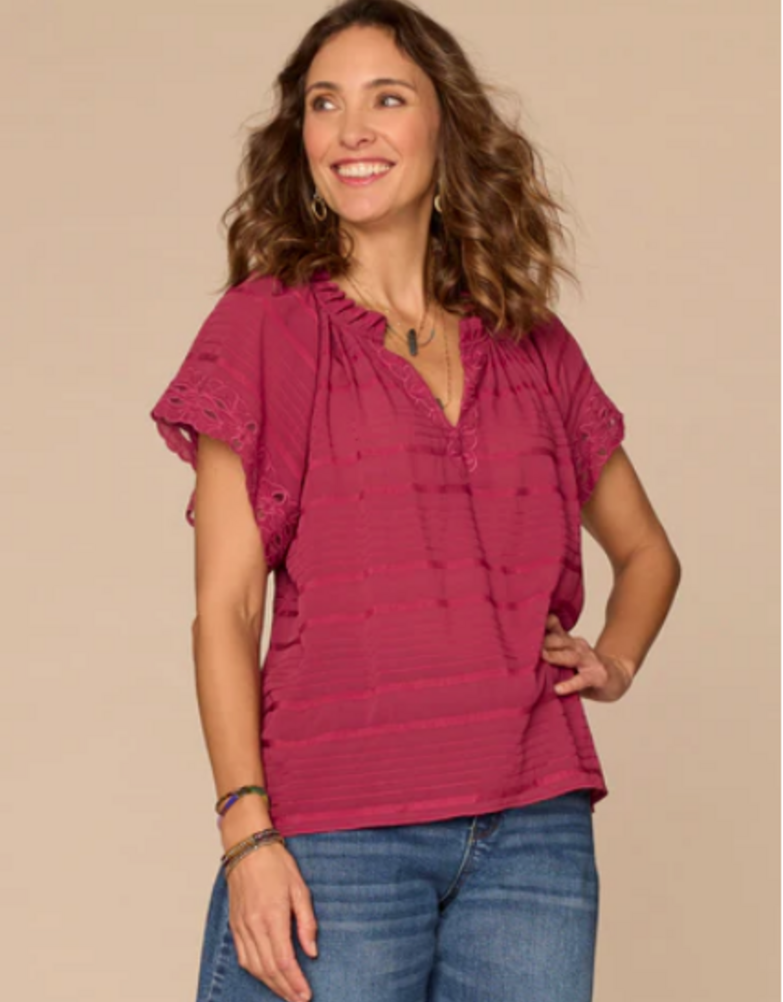 Democracy Democracy BP9587UV3E Beet Red Petite Split Neck S/S Ruffled Embroidered Top