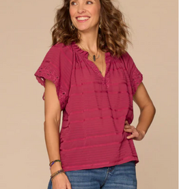 Democracy Democracy BP9587UV3E Beet Red Petite Split Neck S/S Ruffled Embroidered Top