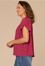 Democracy Democracy BP9587UV3E Beet Red Petite Split Neck S/S Ruffled Embroidered Top