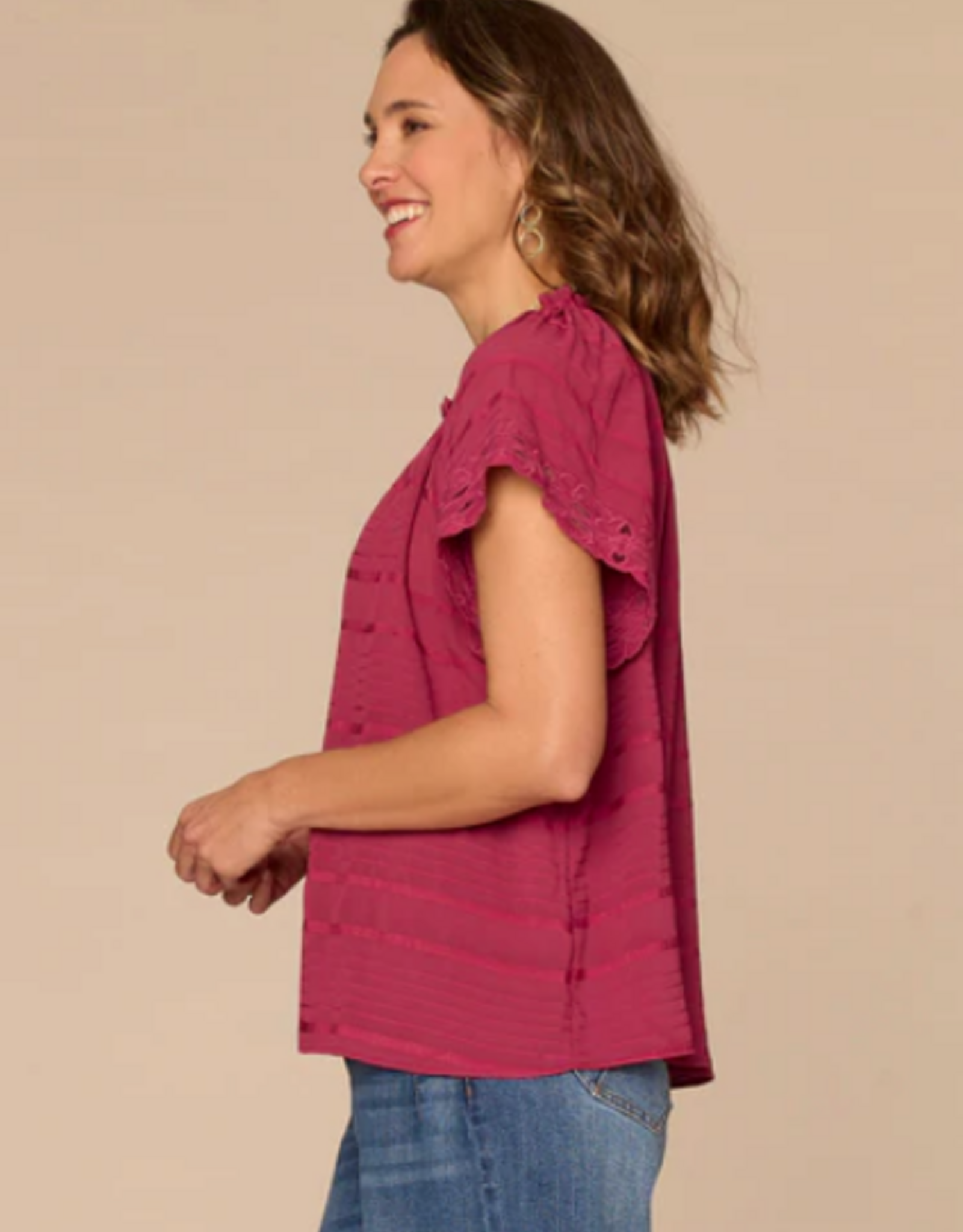 Democracy Democracy BP9587UV3E Beet Red Petite Split Neck S/S Ruffled Embroidered Top
