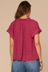 Democracy Democracy BP9587UV3E Beet Red Petite Split Neck S/S Ruffled Embroidered Top