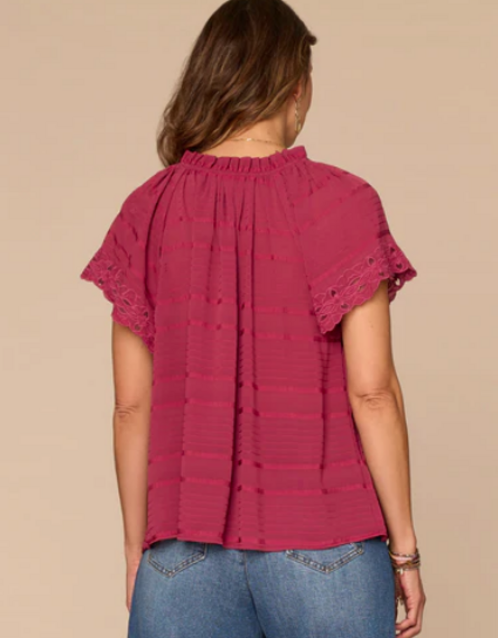 Democracy Democracy BP9587UV3E Beet Red Petite Split Neck S/S Ruffled Embroidered Top