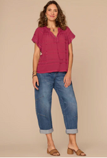 Democracy Democracy BP9587UV3E Beet Red Petite Split Neck S/S Ruffled Embroidered Top