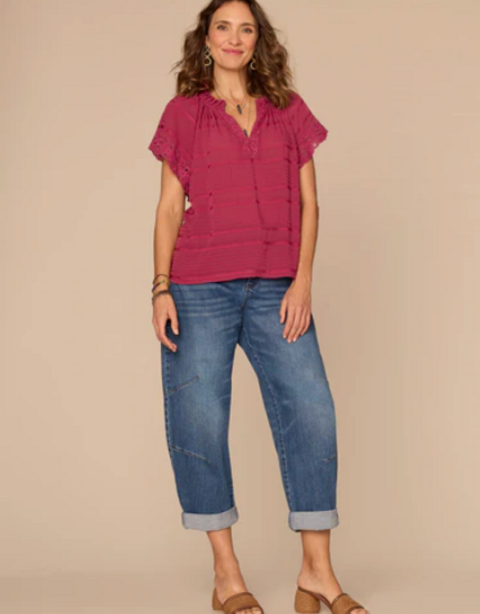 Democracy Democracy BP9587UV3E Beet Red Petite Split Neck S/S Ruffled Embroidered Top