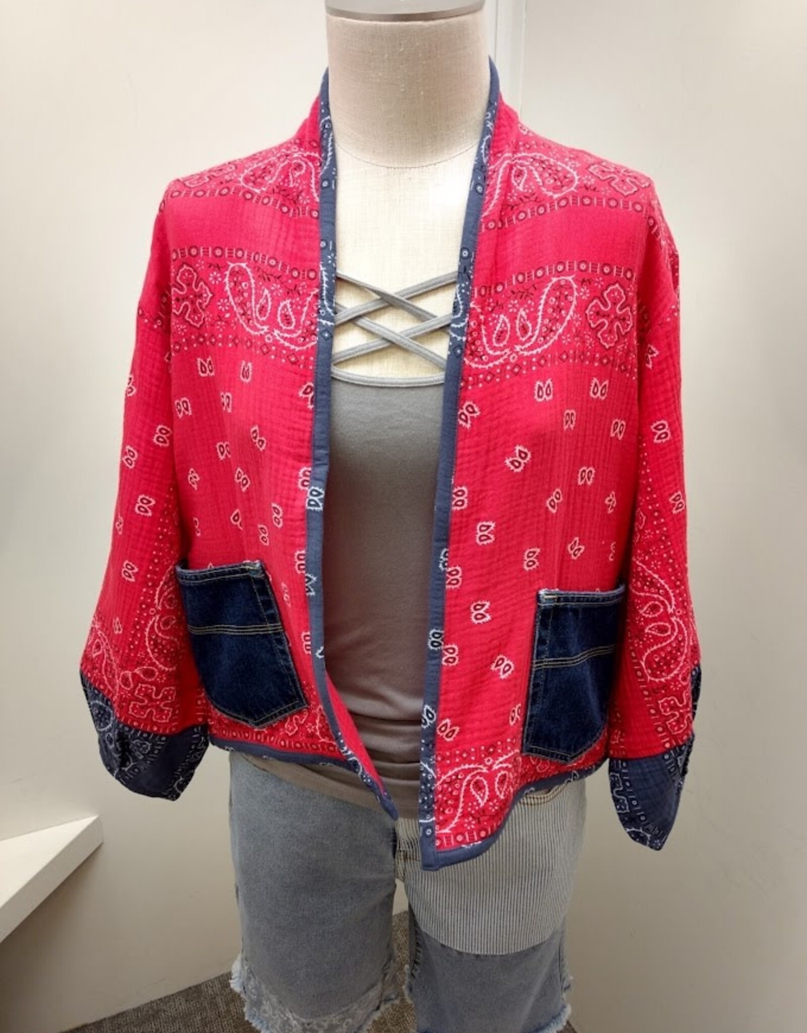 Shannon Passero Shannon Passero  Red/Navy Bandana Mix Open Front Cardigan