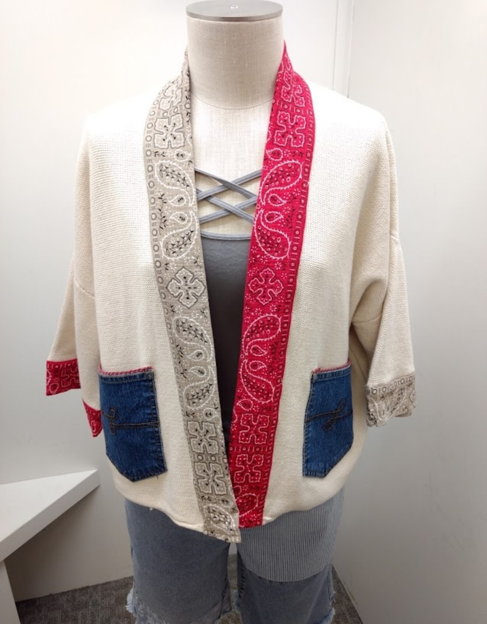 Shannon Passero Shannon Passaro 5771 Cream/Red/Sand Bandana Mix Open Front Cardigan