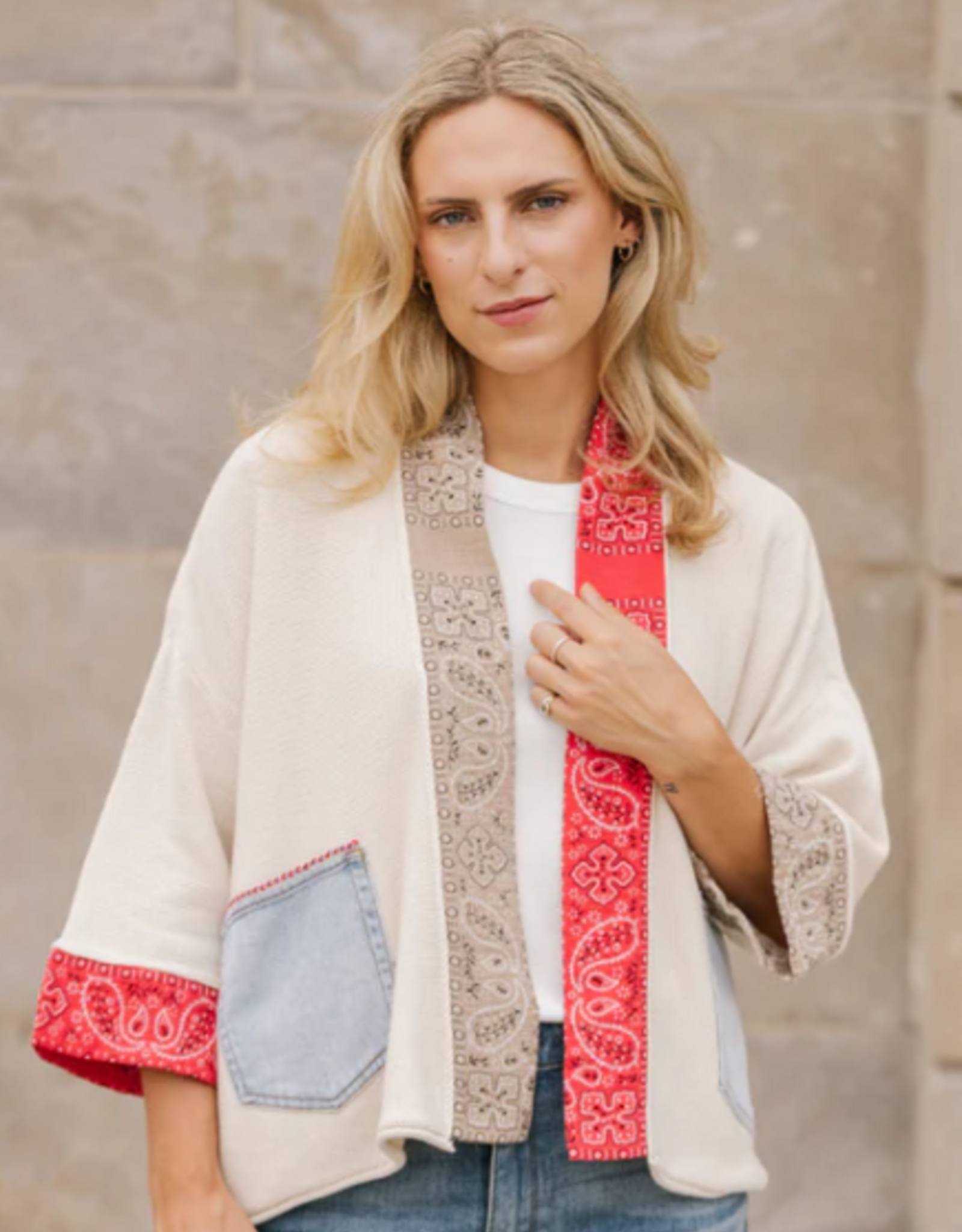 Shannon Passero Shannon Passero Cream/Red/Sand Bandana Mix Open Front Cardigan