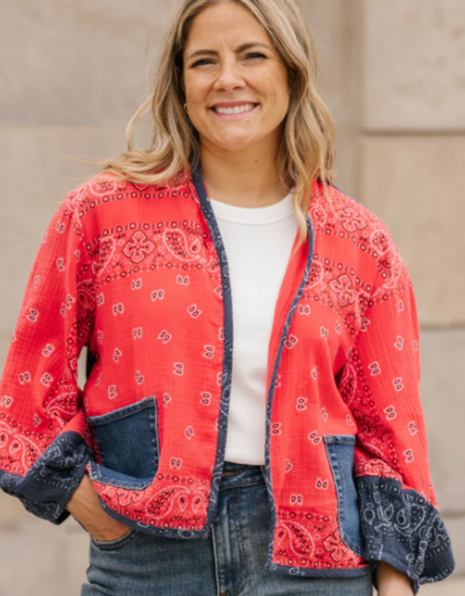 Shannon Passero Shannon Passero  Red/Navy Bandana Mix Open Front Cardigan