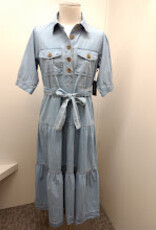 APNY APNY Light Indigo Tiered Dress Front Patch Pockets S/S  Belted Dress