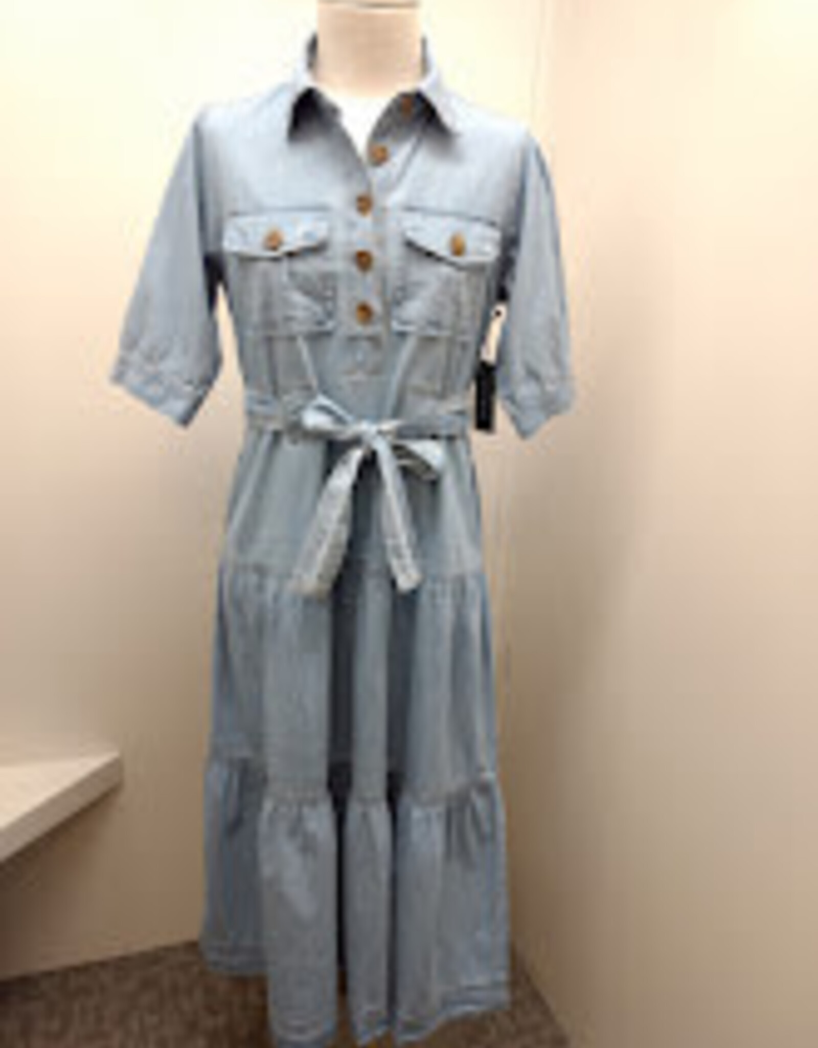 APNY APNY Light Indigo Tiered Dress Front Patch Pockets S/S  Belted Dress