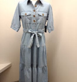 APNY APNY Light Indigo Tiered Dress Front Patch Pockets S/S  Belted Dress