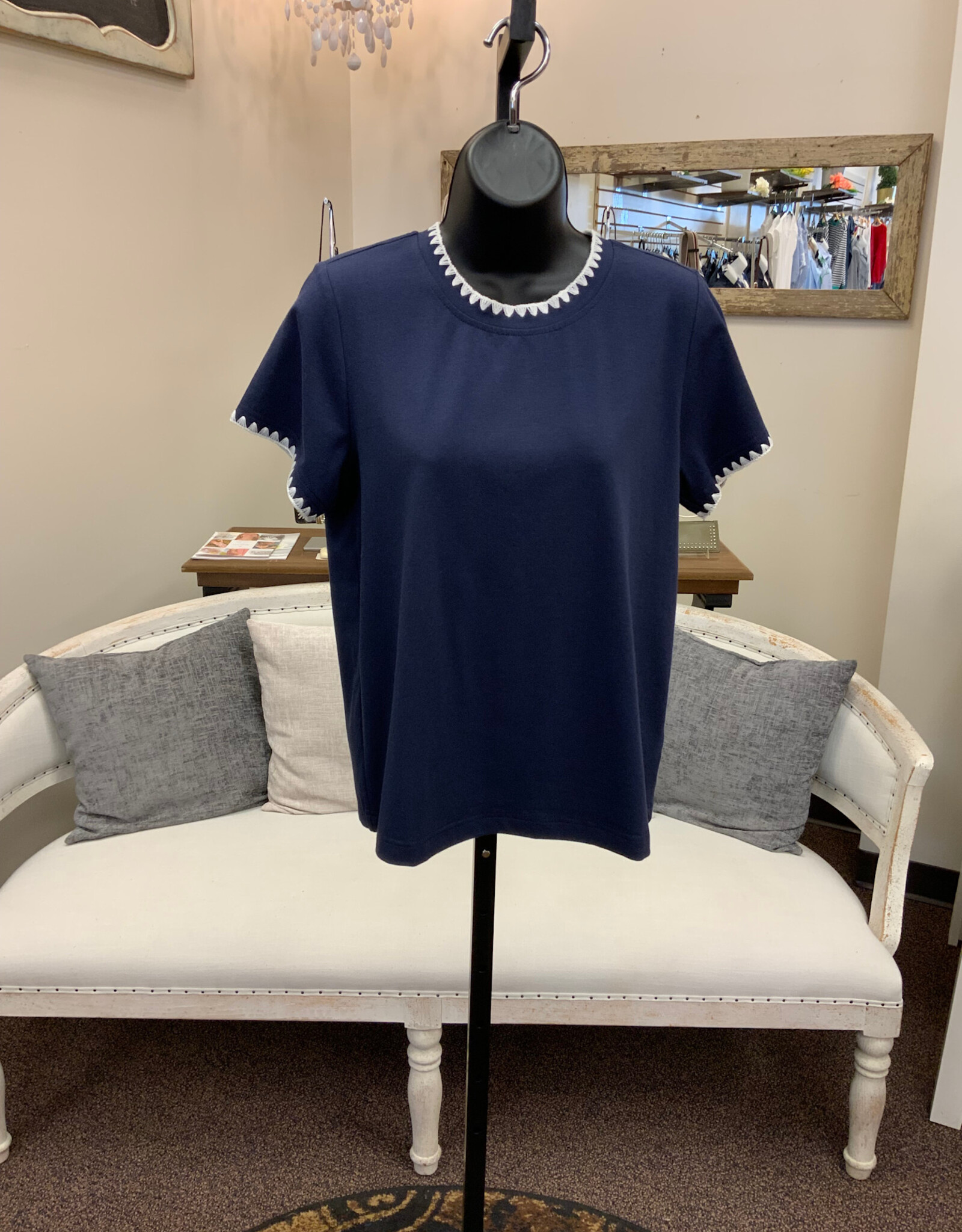 Threads 4 Thought THREADS 4 THOUGHT  Navy Ginny Novelty Stitch Round Neck S/S Top