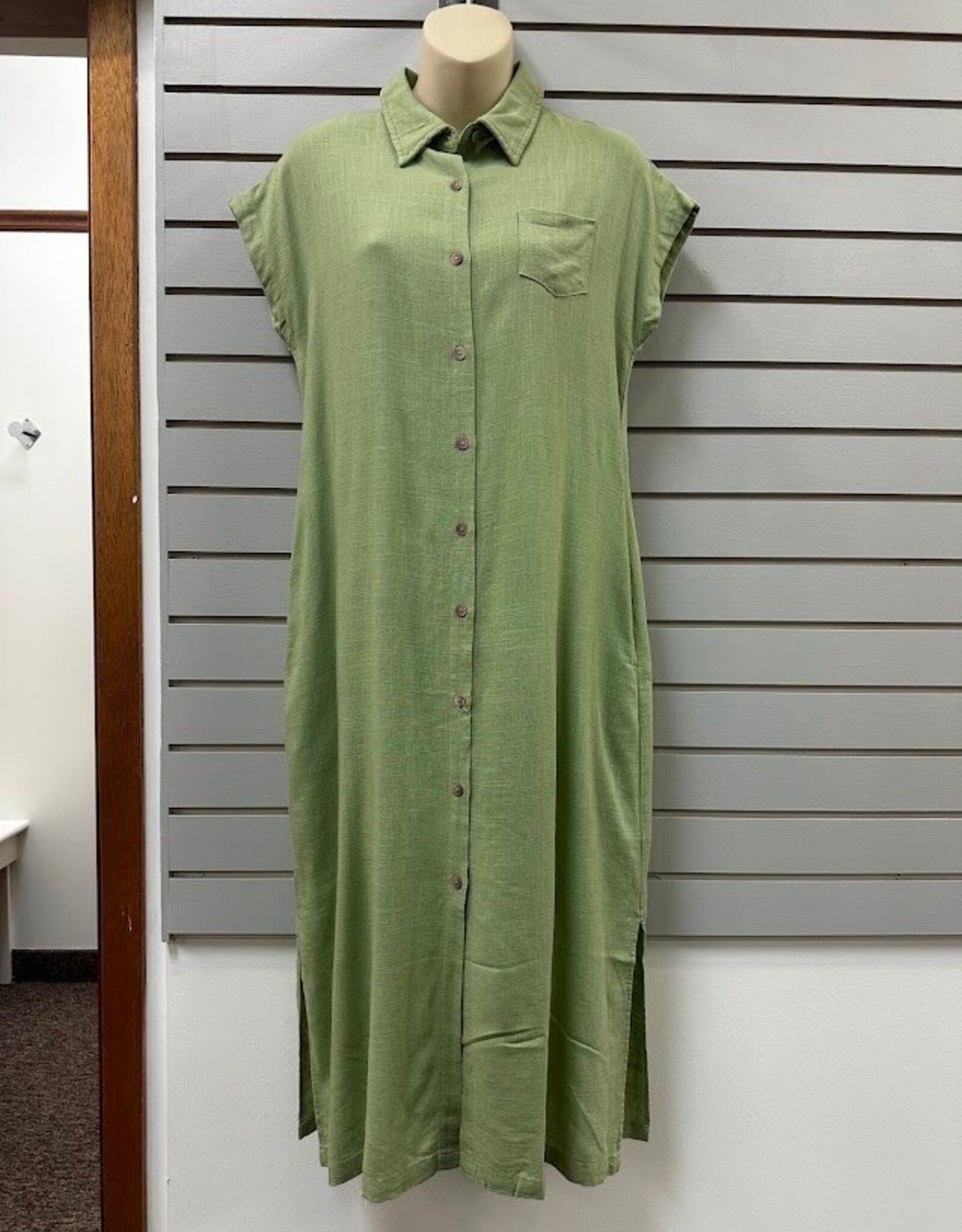 Paparazzi PAPARAZZI  Sage Button Front Cap Sleeve Linen Dress