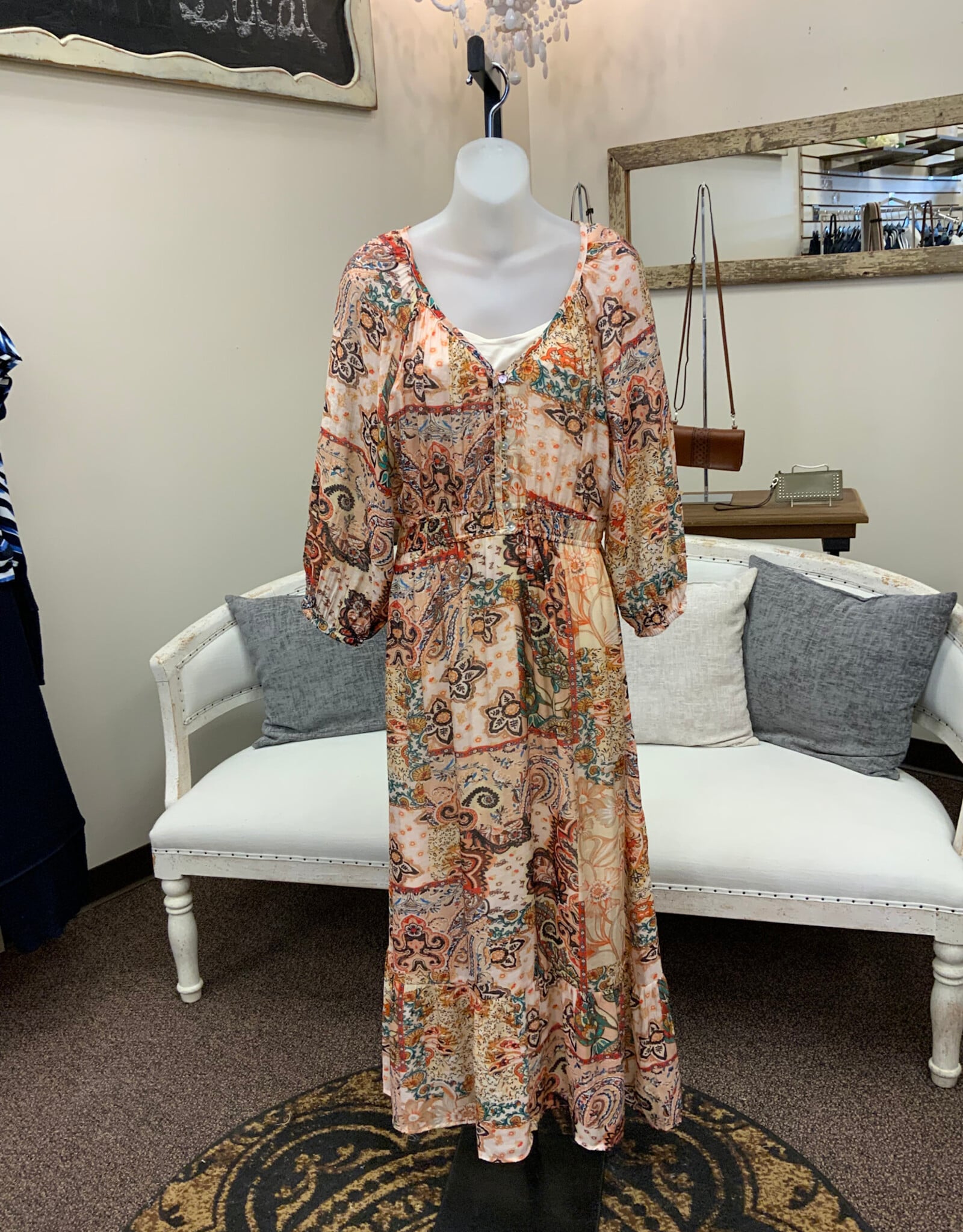 Paparazzi PAPARAZZI Patchwork Print Peasant V-Neck  3/4 Sleeve  Dress