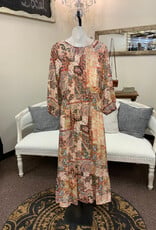Paparazzi PAPARAZZI Patchwork Print Peasant V-Neck  3/4 Sleeve  Dress