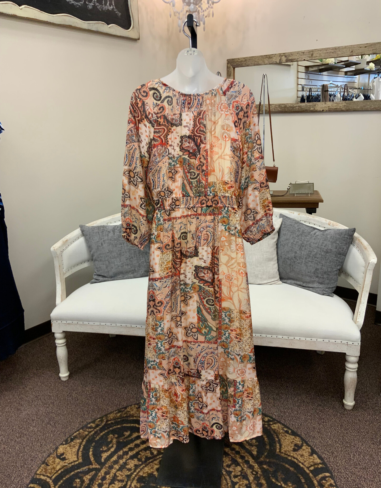 Paparazzi PAPARAZZI Patchwork Print Peasant V-Neck  3/4 Sleeve  Dress