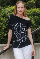 Clara Sun Woo Clara Sun Woo T294P Black/White Floral Outline Print Angular Neck S/S Top