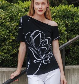 Clara Sun Woo Clara Sun Woo Black/White Floral Outline Print Angular Neck S/S Top