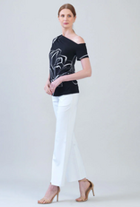 Clara Sun Woo Clara Sun Woo T294P Black/White Floral Outline Print Angular Neck S/S Top