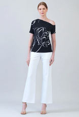 Clara Sun Woo Clara Sun Woo T294P Black/White Floral Outline Print Angular Neck S/S Top
