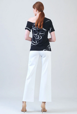 Clara Sun Woo Clara Sun Woo T294P Black/White Floral Outline Print Angular Neck S/S Top