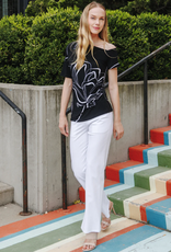 Clara Sun Woo Clara Sun Woo T294P Black/White Floral Outline Print Angular Neck S/S Top