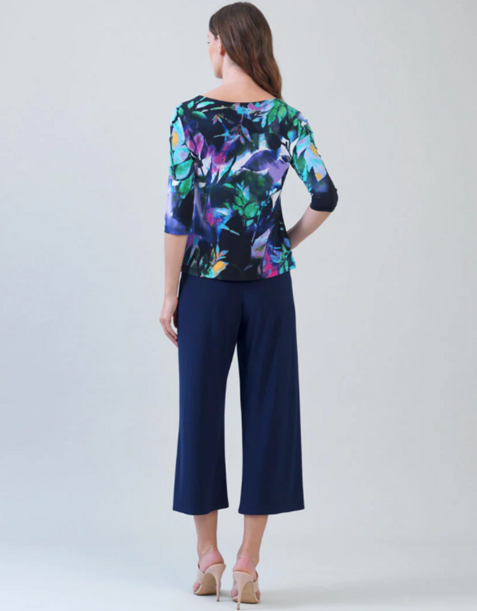 Clara Sun Woo Clara Sun Woo T77P26 Multi Leaf Print Scoop Neck 3/4 Sleeve Soft Knit Top