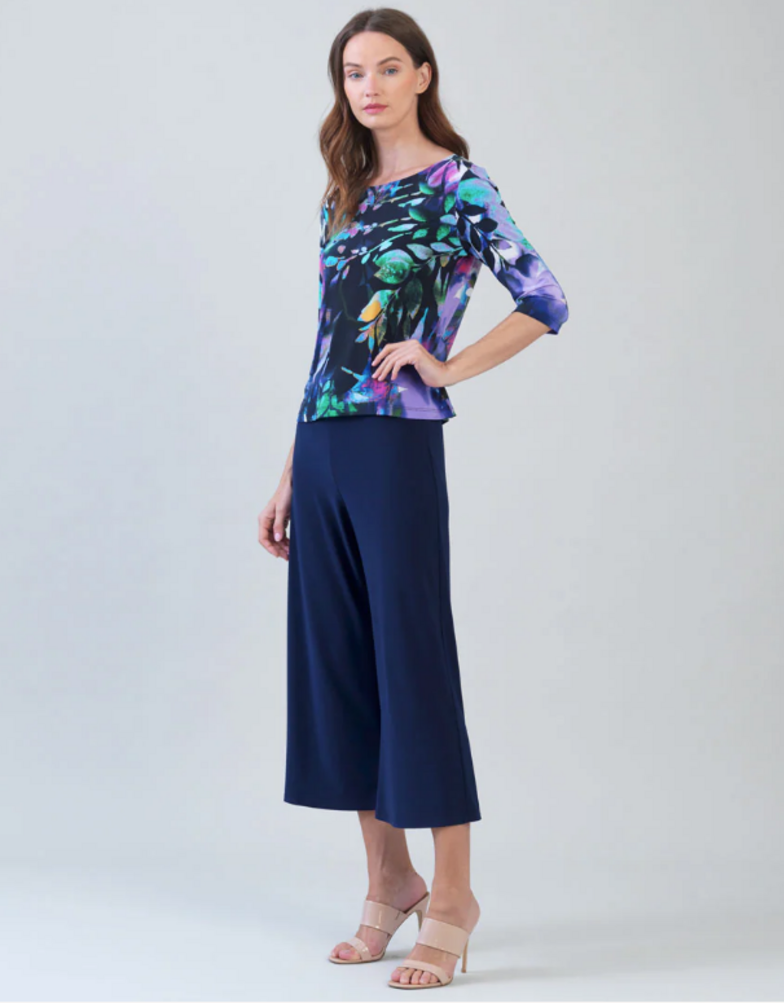 Clara Sun Woo Clara Sun Woo T77P26 Multi Leaf Print Scoop Neck 3/4 Sleeve Soft Knit Top
