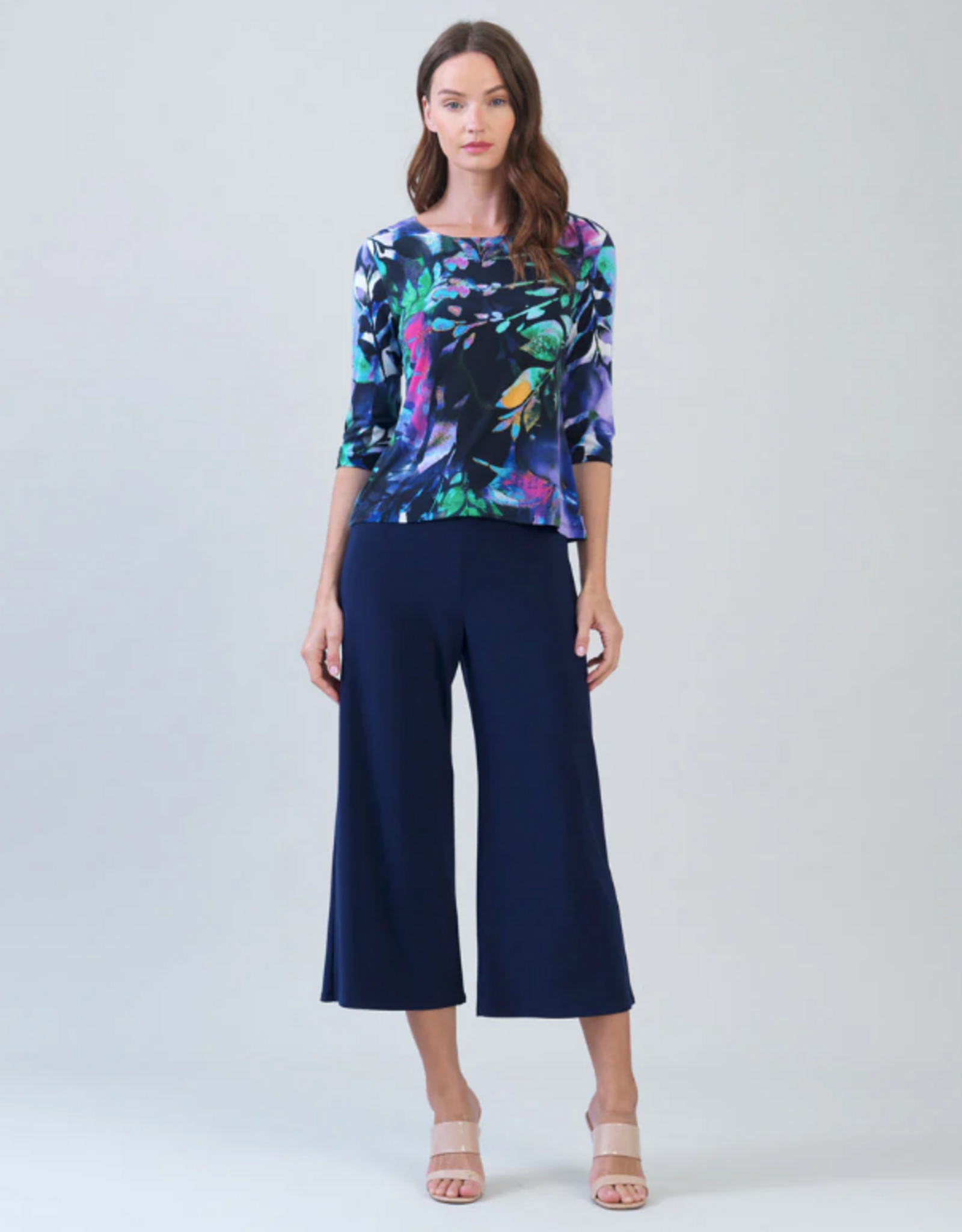 Clara Sun Woo Clara Sun Woo T77P26 Multi Leaf Print Scoop Neck 3/4 Sleeve Soft Knit Top