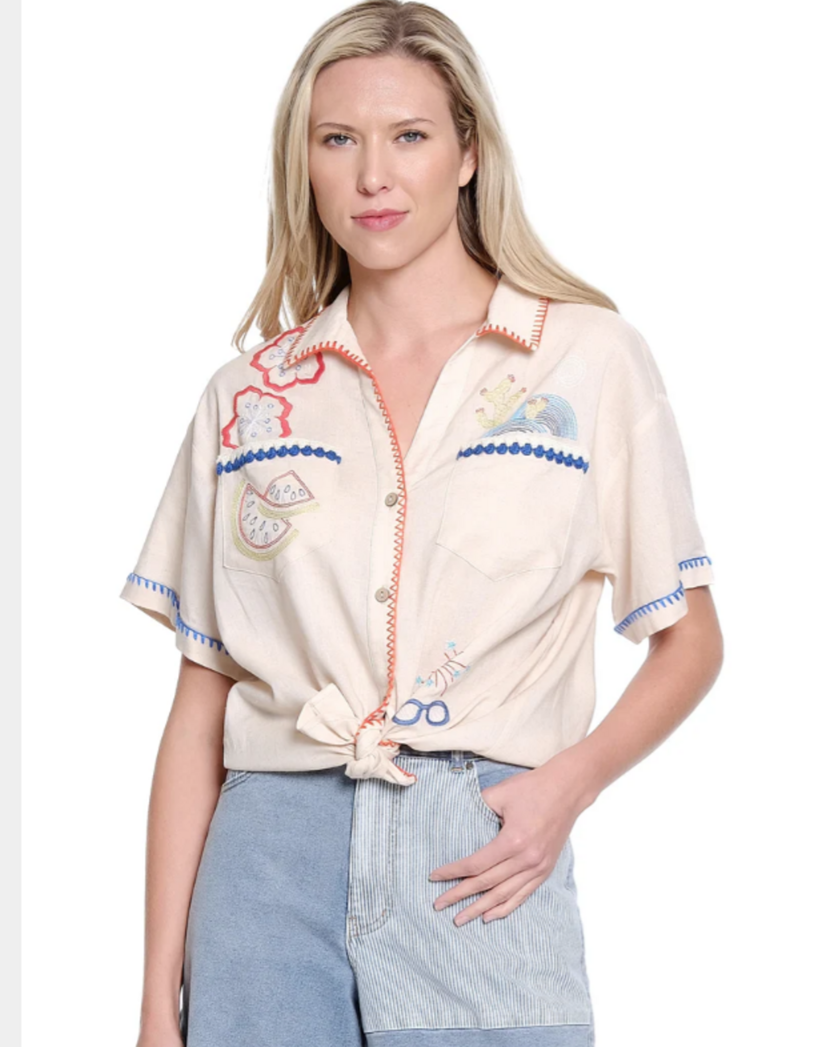 Multiples Tru Luxe T26494BM Natural V-Collar Button Front S/S Top w/Embroidery Designs