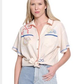 Multiples Tru Luxe Natural V-Collar Button Front S/S Top w/Embroidery Designs