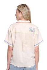 Multiples Tru Luxe T26494BM Natural V-Collar Button Front S/S Top w/Embroidery Designs