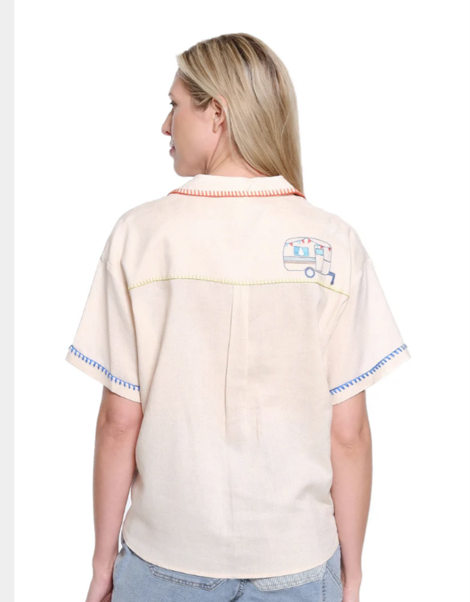 Multiples Tru Luxe T26494BM Natural V-Collar Button Front S/S Top w/Embroidery Designs