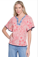 Multiples Tru Luxe T26473TM Salmon Floral Print Split Neck S/S Top w/Woven Trim