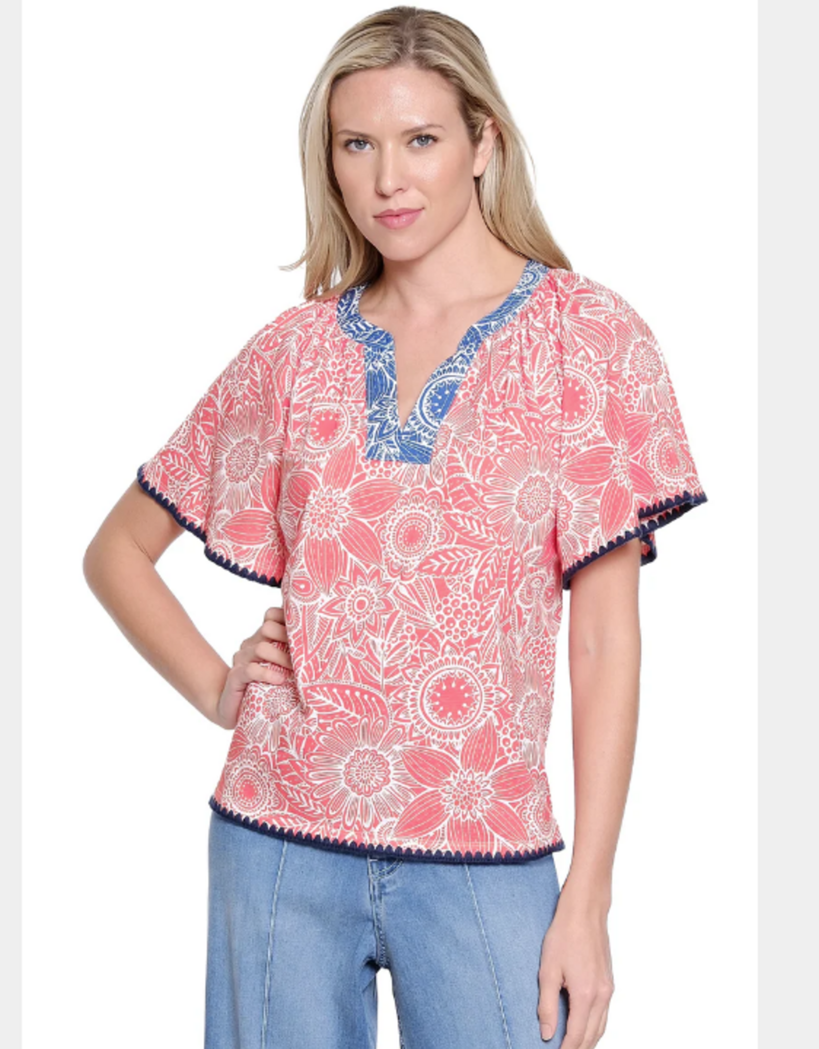Multiples Tru Luxe T26473TM Salmon Floral Print Split Neck S/S Top w/Woven Trim