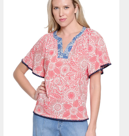 Multiples Tru Luxe T26473TM Salmon Floral Print Split Neck S/S Top w/Woven Trim