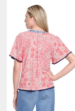 Multiples Tru Luxe T26473TM Salmon Floral Print Split Neck S/S Top w/Woven Trim
