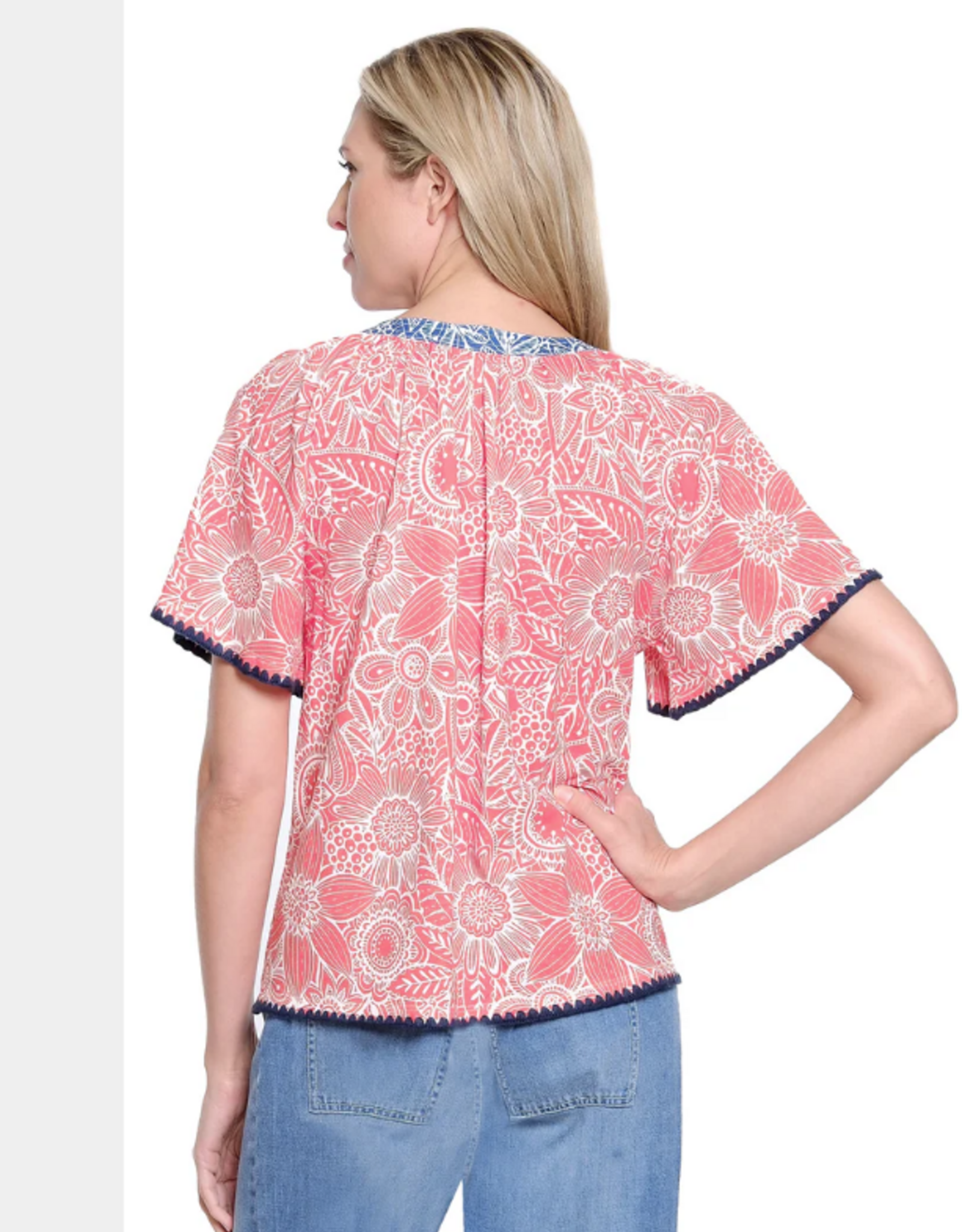 Multiples Tru Luxe T26473TM Salmon Floral Print Split Neck S/S Top w/Woven Trim