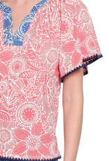 Multiples Tru Luxe T26473TM Salmon Floral Print Split Neck S/S Top w/Woven Trim