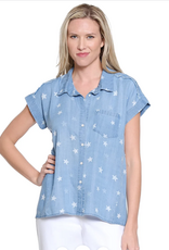 Multiples Tru Luxe T26487BM Lt. Denim Star Print Collared Button-Up S/S Top w/Fray Detail